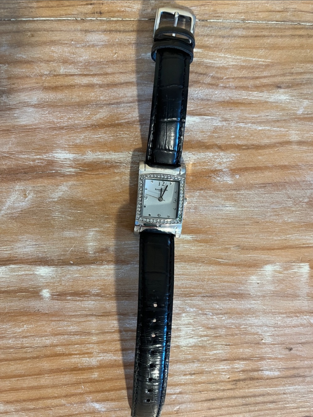 Kenneth Cole Silver Crystal-Trim Square Watch with Black Leather Strap